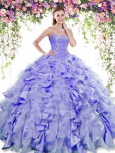 Lavender Ball Gowns Sweetheart Sleeveless Organza and Taffeta Floor Length Lace Up Beading and Ruffles Vestidos de Quinc
