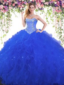 Floor Length Lace Up Quince Ball Gowns Royal Blue for Military Ball and Sweet 16 and Quinceanera with Beading