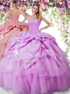 Floor Length Lace Up Sweet 16 Quinceanera Dress Lilac for Military Ball and Sweet 16 and Quinceanera with Beading and Pi