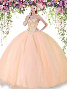 Artistic Peach Sleeveless Beading Floor Length 15th Birthday Dress