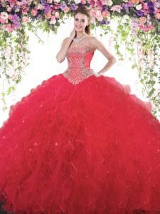 Red Sleeveless Floor Length Beading Lace Up Quinceanera Dress