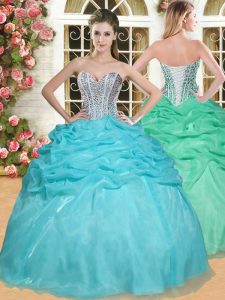 New Style Aqua Blue Organza Lace Up Sweetheart Sleeveless Floor Length Ball Gown Prom Dress Beading and Pick Ups