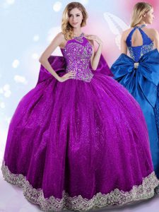 Halter Top Sleeveless Beading and Bowknot Lace Up Quinceanera Dress
