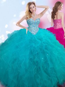 Best Selling Teal Sleeveless Tulle Lace Up Sweet 16 Dress for Military Ball and Sweet 16 and Quinceanera