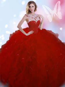 Delicate Wine Red Zipper High-neck Beading 15th Birthday Dress Tulle Sleeveless