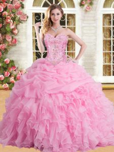 Pretty Rose Pink Ball Gowns Sweetheart Sleeveless Tulle Floor Length Lace Up Appliques and Ruffles and Pick Ups Sweet 16