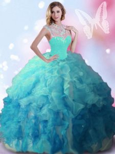 Multi-color Ball Gowns Tulle High-neck Sleeveless Beading Floor Length Zipper 15th Birthday Dress