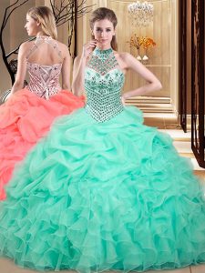 Apple Green Ball Gowns Organza Halter Top Sleeveless Beading and Ruffles and Pick Ups Floor Length Lace Up 15th Birthday