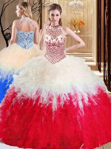 Halter Top White And Red Tulle Lace Up Quinceanera Dresses Sleeveless Floor Length Beading and Ruffles