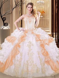 Ruffled Ball Gowns 15th Birthday Dress White and Yellow Strapless Organza Sleeveless Floor Length Lace Up