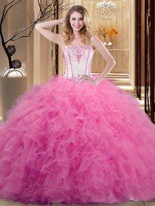 Free and Easy Rose Pink Quinceanera Gowns Military Ball and Sweet 16 and Quinceanera and For with Embroidery Strapless S
