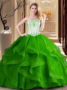 Green and Fuchsia Strapless Neckline Embroidery Quinceanera Dress Sleeveless Lace Up