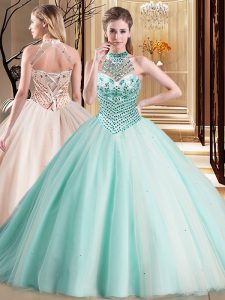 On Sale Aqua Blue Halter Top Neckline Beading Quince Ball Gowns Sleeveless Lace Up
