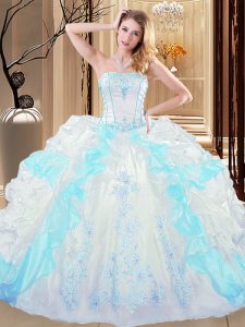 Blue And White Ball Gowns Embroidery and Ruffled Layers Sweet 16 Dresses Lace Up Organza Sleeveless Floor Length