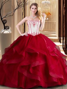Embroidery Quinceanera Dress Wine Red Lace Up Sleeveless Floor Length