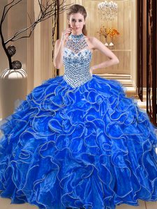 Simple Halter Top Floor Length Lace Up Sweet 16 Dresses Royal Blue for Military Ball and Sweet 16 and Quinceanera with B