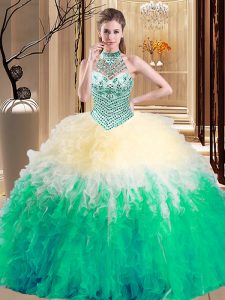 Modern Multi-color Halter Top Neckline Beading and Ruffles 15th Birthday Dress Sleeveless Lace Up