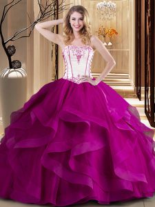 Sumptuous Fuchsia Ball Gowns Tulle Strapless Sleeveless Embroidery Floor Length Lace Up Sweet 16 Dress