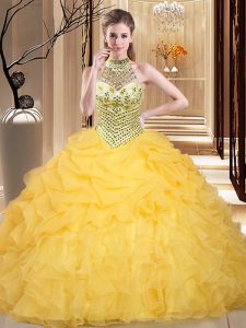 Glamorous Halter Top Yellow Sleeveless Floor Length Beading and Ruffles and Pick Ups Lace Up Sweet 16 Dress