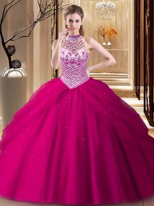 Fine Halter Top Fuchsia Lace Up Ball Gown Prom Dress Beading and Pick Ups Sleeveless With Brush Train