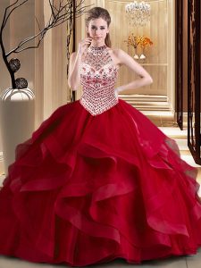 High End Halter Top Sleeveless 15th Birthday Dress With Brush Train Beading and Ruffles Wine Red Tulle