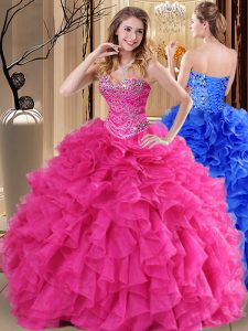 Super Sleeveless Organza Floor Length Lace Up Vestidos de Quinceanera in Hot Pink with Beading and Ruffles