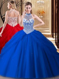 Latest Halter Top Sleeveless With Train Beading and Pick Ups Lace Up Quinceanera Dress with Royal Blue Brush Train