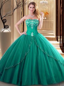Clearance Sleeveless Floor Length Embroidery Lace Up Sweet 16 Quinceanera Dress with Dark Green
