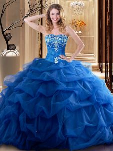 Flare Royal Blue Ball Gowns Sweetheart Sleeveless Tulle Floor Length Lace Up Embroidery and Ruffles Quinceanera Dress