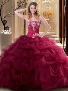 Super Wine Red Sleeveless Embroidery and Ruffles Floor Length Quince Ball Gowns