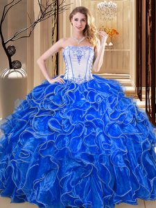 New Arrival Royal Blue Ball Gowns Organza Strapless Sleeveless Embroidery and Ruffles Floor Length Lace Up Quinceanera D