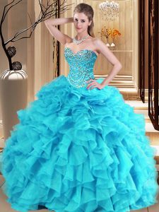 Customized Aqua Blue and Turquoise Ball Gowns Beading and Ruffles Sweet 16 Quinceanera Dress Lace Up Organza Sleeveless 