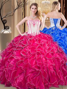 Coral Red Quinceanera Dresses Military Ball and Sweet 16 and Quinceanera and For with Embroidery and Ruffles Strapless S