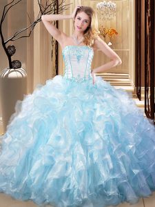 Light Blue Sleeveless Floor Length Embroidery and Ruffles Lace Up Quinceanera Dress