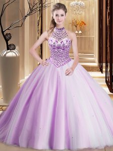 Hot Sale Brush Train Ball Gowns Quinceanera Gown Lilac Halter Top Tulle Sleeveless Asymmetrical Lace Up