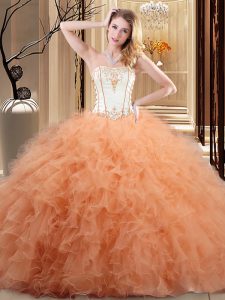Attractive Orange Ball Gowns Strapless Sleeveless Organza Floor Length Lace Up Embroidery and Ruffled Layers Sweet 16 Qu