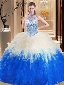 Halter Top Blue And White Sleeveless Tulle Lace Up Quinceanera Dress for Military Ball and Sweet 16 and Quinceanera