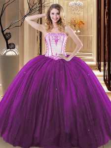 White And Purple Tulle and Sequined Lace Up Strapless Sleeveless Floor Length 15th Birthday Dress Embroidery