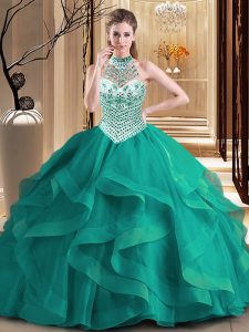 Discount Dark Green Tulle Lace Up Halter Top Sleeveless With Train Quinceanera Gown Brush Train Beading and Ruffles