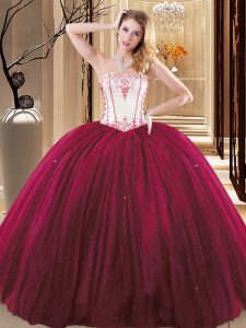 Latest Wine Red Ball Gowns Tulle and Sequined Strapless Sleeveless Embroidery Floor Length Lace Up Sweet 16 Dresses