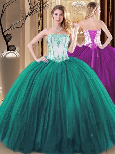 Floor Length Lace Up Sweet 16 Dress Green for Military Ball and Sweet 16 and Quinceanera with Embroidery
