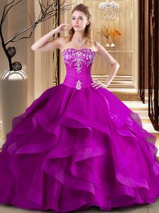 Customized Fuchsia Sleeveless Floor Length Embroidery and Ruffles Lace Up Sweet 16 Quinceanera Dress