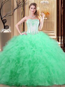 Lace Up Strapless Embroidery Quince Ball Gowns Tulle Sleeveless