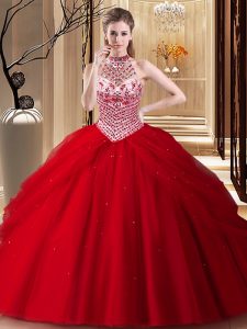 Pick Ups With Train Red Quinceanera Dress Halter Top Sleeveless Brush Train Lace Up