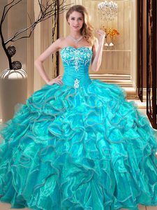 Aqua Blue Sweetheart Lace Up Embroidery and Ruffles 15 Quinceanera Dress Sleeveless