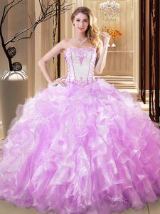 Charming Floor Length Lace Up Ball Gown Prom Dress Lilac for Military Ball and Sweet 16 and Quinceanera with Embroidery 