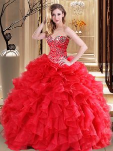 Elegant Red Organza Lace Up Sweetheart Sleeveless Floor Length Quinceanera Gowns Beading and Ruffles