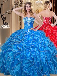Blue Organza Lace Up Vestidos de Quinceanera Sleeveless Floor Length Embroidery and Ruffles