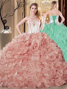 Classical Strapless Sleeveless Quinceanera Gowns Floor Length Embroidery and Ruffles Champagne Organza