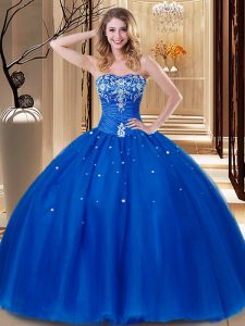 Beauteous Royal Blue Ball Gowns Sweetheart Sleeveless Tulle Floor Length Lace Up Beading and Embroidery Sweet 16 Quincea